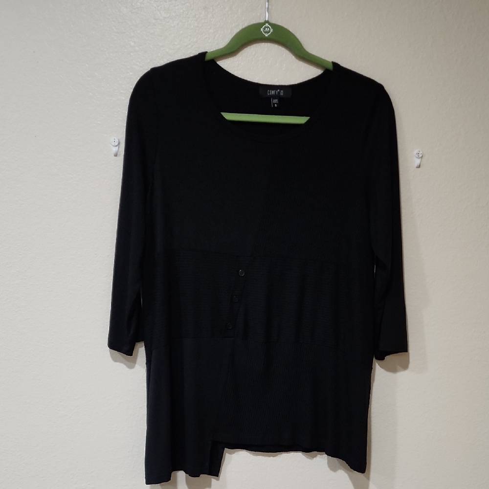 Comfy USA Tunic Mixed Pattern Asymmetrical Hem Button Details Lagenlook size Sm
